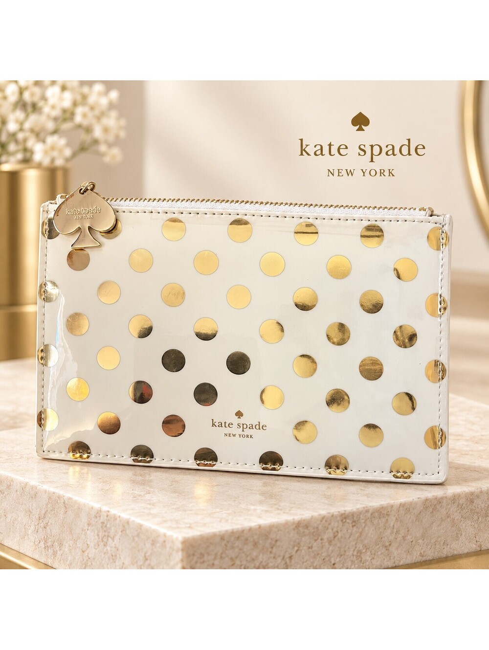 Kate Spade New York Cream Gold Polka Dot Zip Wallet Pouch